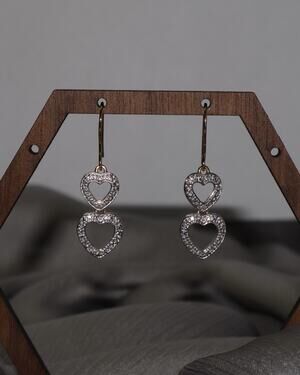 PAJ Sterling Silver Diamond Paved Double Heart Dangle Earrings 2.6G / 1.4in